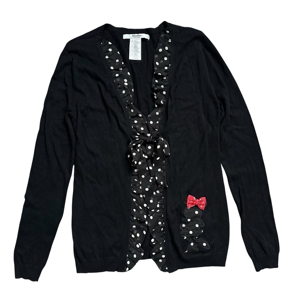 Disney Parks Minnie Mouse Polka Dot Ruffle Cardigan Red Bow Black Sweater Size M